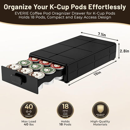 EVERIE Coffee Pod Organizer Drawer for Keurig K-Cup Pods, Holds 18 Pods - Compact, Easy-Access Design with Smooth Glide, Ideal for Small Spaces and Coffee Machines