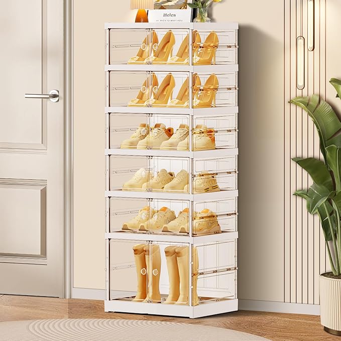 CIMLORD 6-Tier Foldable Shoe Rack for Closet Entryway 6-12Pairs,Stackable Clear Shoe Storage Boxes Organizer with Door Plastic Small Shoe Cabinet Bins with Lids Shoes Shelf Easy Assembly White