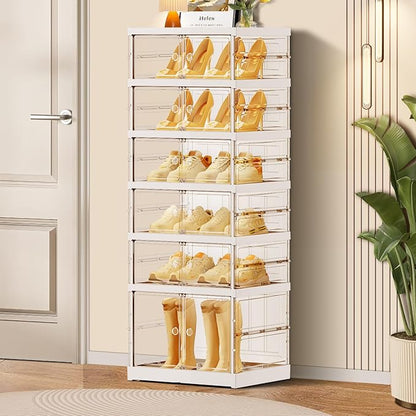 CIMLORD 6-Tier Foldable Shoe Rack for Closet Entryway 6-12Pairs,Stackable Clear Shoe Storage Boxes Organizer with Door Plastic Small Shoe Cabinet Bins with Lids Shoes Shelf Easy Assembly White