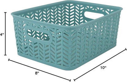 Simplify 3 Pack Small Herringbone Storage Basket, Dimensions: 10"x8"x4", Herringbone Design, Light Weight, Great for Bathroom, Kitchen, Office, Closet, 2 Open Handles, Dusty Blue