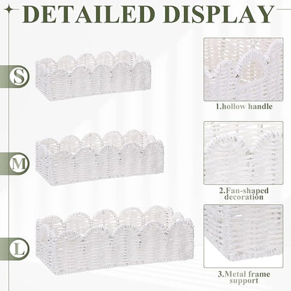 Boao 3 Pcs Boho Storage Wicker Baskets Handmade Woven Decorative Paper Rope Baskets for Organizing with Handle Countertop Toilet Paper Storage Container for Toilet Tank Top (White,Fan-shaped)