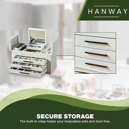 Hanway 4 Layers Wooden Jewelry Box Organizer for Women, with multiple compartments, featuring interior mirror & tray for necklaces, earrings, bracelets, glasses, and rings (white)