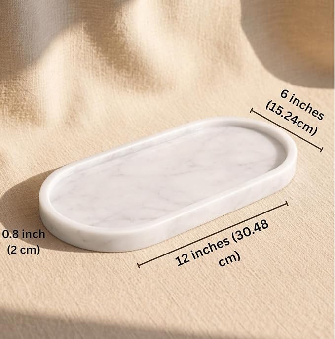 White Marble Oval Bathroom Vanity Tray – 12”x6” Marble Tray for Countertop, Perfume & Jewelry Display | Solid 2cm Thick Stone Tray