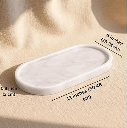 White Marble Oval Bathroom Vanity Tray – 12”x6” Marble Tray for Countertop, Perfume & Jewelry Display | Solid 2cm Thick Stone Tray
