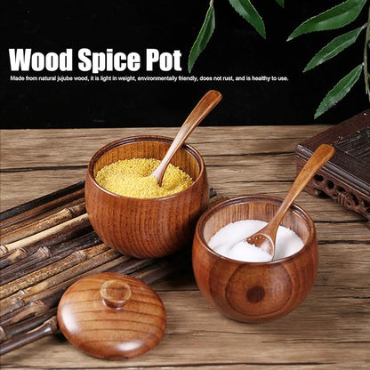 Wood Salt Cellar with Lid and Spoon, Wood Salt Container Box Small Spice Containers for Storing Seasonings, 3.5x2.4 Inches