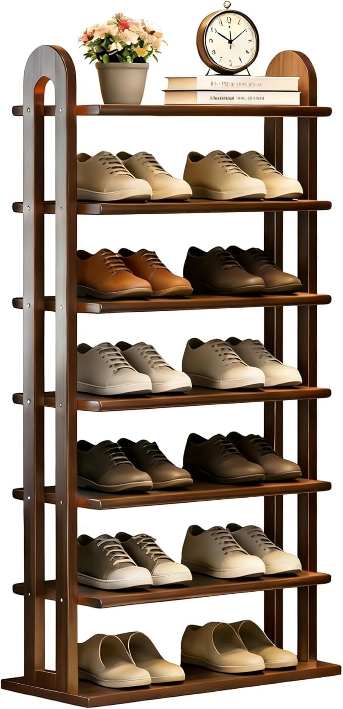Vertical Shoe Rack - 7 Tier Tall Narrow Shoe Rack Organizer for Small Spaces, Skinny Shoe Shelf Space Saving Shoe Storage, Solid Wood Shoe Shelf for Entryway, Closet, Corner, Doorway, Walnut