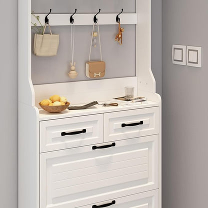 Vibe & Dine Shoe Cabinet, Entryway Shoe Storage Cabinet with 3 Flip Doors and 2 Drawers, 2-in-1 Wooden Shoe Rack Organizer with Coat Hooks for Hallway Cloakroom, White