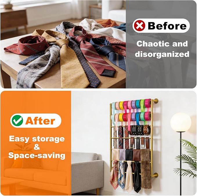 Wall Mounted Scarf Rack, Ties Silk Scarves Towels Storage Multifunctional Metal Rack, Space-Saving Wrapping Paper Organizer Ribbon Holder Wall Display Rack for Flower Shops