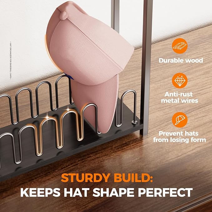 Cinati 2-Tier Hat Organizer for Baseball Caps, 18 Capacity Freestanding Baseball Cap Rack, Metal & Wood Hat Storage for Closet Entryway Bedroom, Black Cap Holder Stand, Gifts for Men Dad