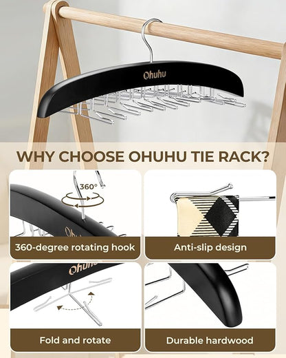 Ohuhu 24-Hook Wooden Tie Rack Organizer - Space Saving Closet Hanger with 360° Rotating Hooks, Anti-Slip Clips for Ties, Belts, Scarves - Premium Hardwood & Rustproof Steel Construction-Black