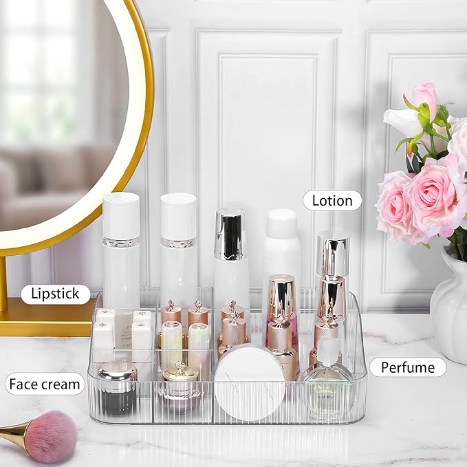 DASITON Large Capacity Makeup Brush Holder, 7 Slot Makeup Brush Cup, Vintage Striped Make Up Brush Holder, Makeup Tray Organizer for Vanity Decor, Bathroom Countertops, Desk Storage Container (Clear)