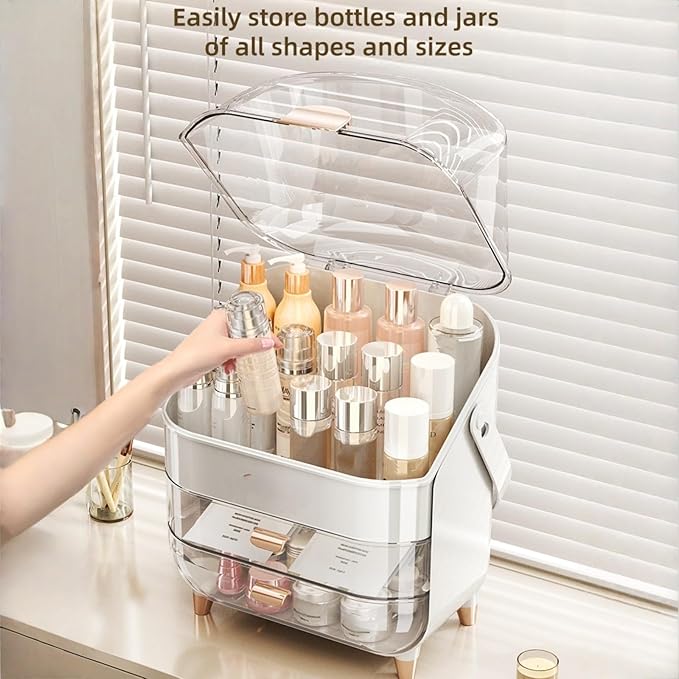 Makeup Organizer, Skincare Organizers with Clear Lid & 2 Drawers and 360° Rotating Brush Holder