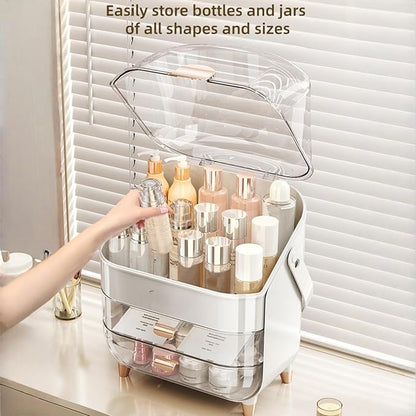 Makeup Organizer, Skincare Organizers with Clear Lid & 2 Drawers and 360° Rotating Brush Holder