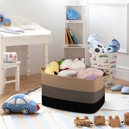 OIAHOMY Large Blanket Basket, 65L Cotton Rope Woven Laundry Basket, Toy Bin for Baby Room, Container for Blanket Storage in Living Room, 20''×16''×12'', Brown & Black
