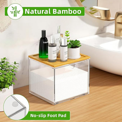 VITVITI Drawer Disposable Face Towel Holder Box, Acrylic Facial Towel Container for XL Clean Skin Club, Large Disposable Face Towels Storage with Bamboo Lid, for Bathroom, Vanity Makeup, Clear