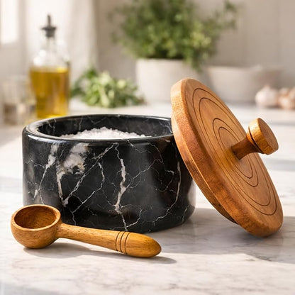Marble salt cellar with lid and spoon, salt container with spoon, salt bowl with acacia wood lid, salt holder for countertop, salt jar - Black