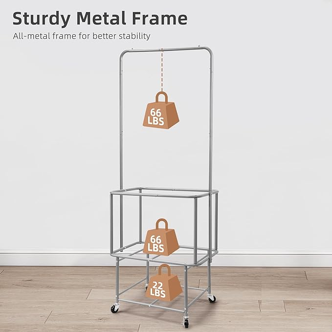 STORAGE MANIAC Rolling Laundry Cart with Hanging Bar & Storage Shelf, 110L Heavy Duty Large Laundry Basket with Clothes Hanging Rod, Study Clothes Hamper with Lockable Wheels, Beige