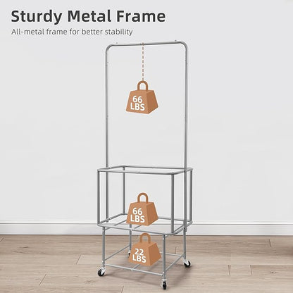 STORAGE MANIAC Rolling Laundry Cart with Hanging Bar & Storage Shelf, 110L Heavy Duty Large Laundry Basket with Clothes Hanging Rod, Study Clothes Hamper with Lockable Wheels, Beige