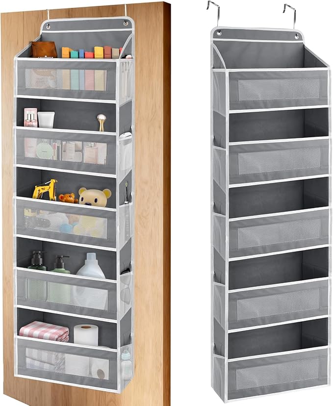 Over The Door Storage Organizer with 5 Extra Large Pockets & Side Mesh Pouches, Hanging Closet Door Organizer for Bedroom, Pantry, Nursery, Anti-Tilt Design, Fits 1.6" Doors-Dark Gray