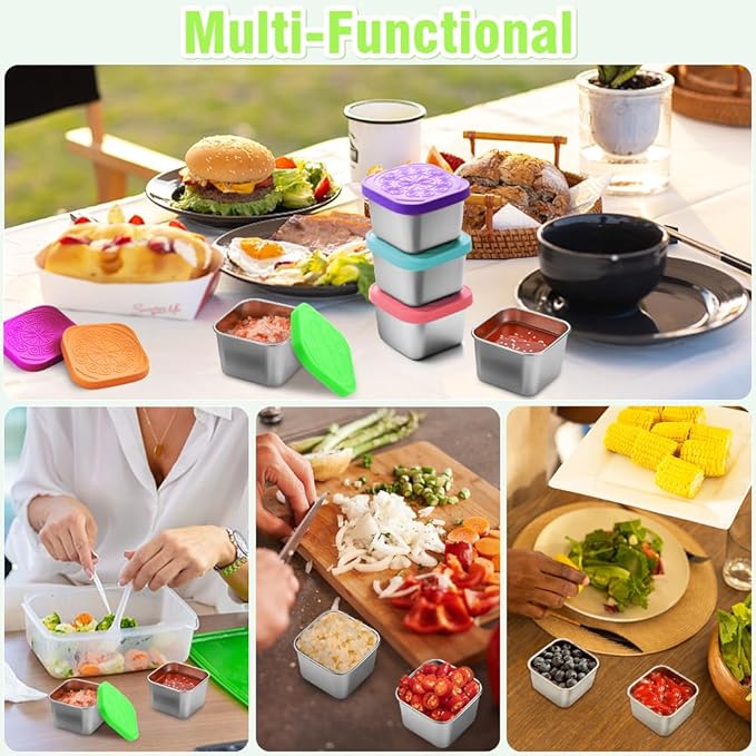 Showvigor 6-Pack 2.7oz Square Stainless Steel Condiment Cups with Leakproof Lids | Reusable Dip Containers for Lunch Box, Snacks, Sauce, Party - Dishwasher Safe