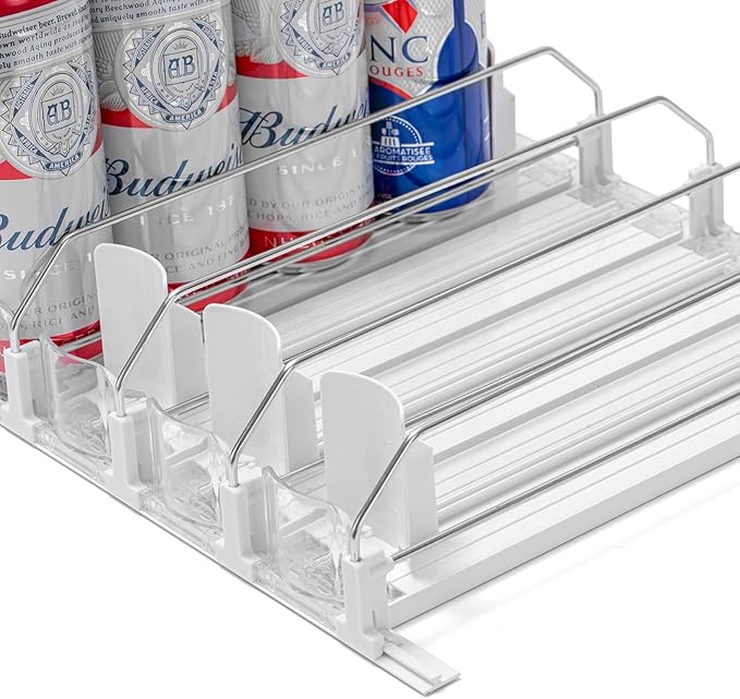 Drink Organizer for Fridge, Self-Pushing Soda Can Organizer for Counter Refrigerator, Width Adjustable Pusher Glide, White, 12”depth-5rows