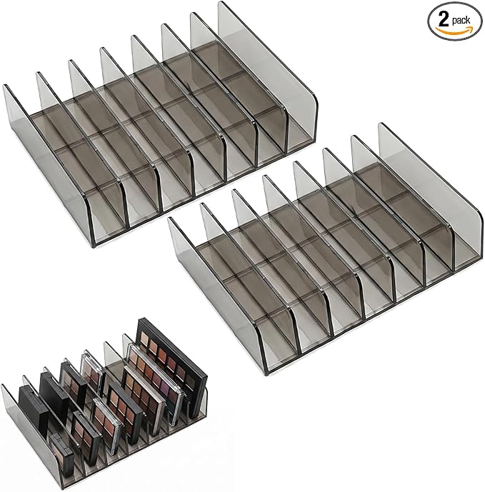 2 Pack Makeup Palette Organizer, 7-Slot Acrylic Eyeshadow Palette Organizer for Drawer or Vanity, Smoky Gray Cosmetic Holder for Palettes, Lipsticks & Compacts