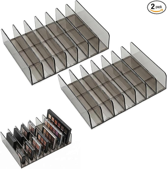 2 Pack Makeup Palette Organizer, 7-Slot Acrylic Eyeshadow Palette Organizer for Drawer or Vanity, Smoky Gray Cosmetic Holder for Palettes, Lipsticks & Compacts