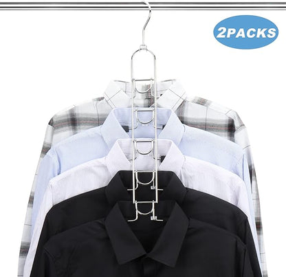 Mastom Space Saving Clothes Hangers, Multilayer Metal Hanger 2 Pack 5 in 1 Space Saver Coat Hangers, Anti-Slip Foam Padded Shirt Suit Hanger for Closet Storage Organizer