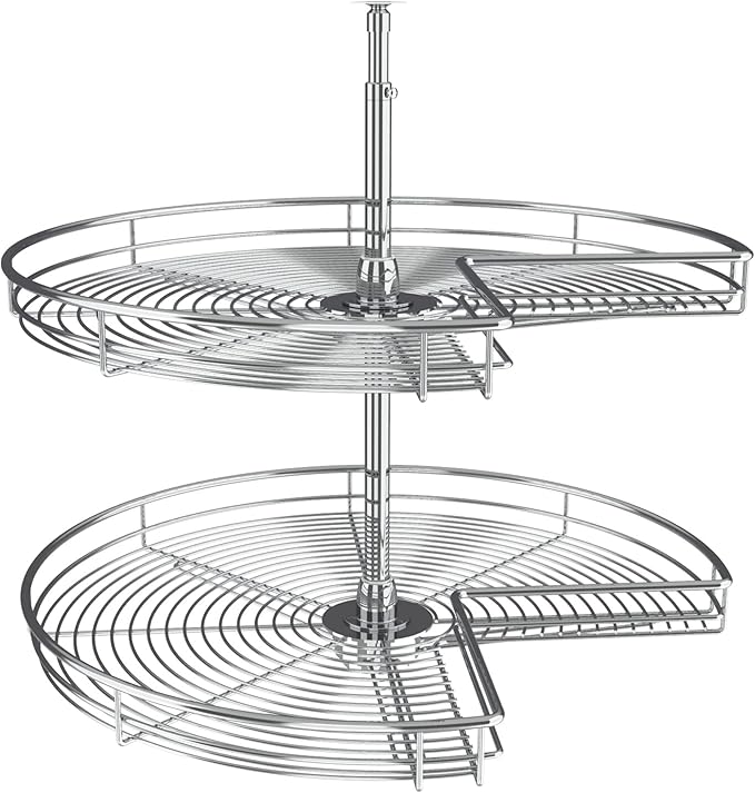 Rev-A-Shelf Dual Shelf Kidney-Shaped Lazy Susan Organizer for Corner Base Kitchen Cabinets, Rotating Turntable Storage Wire Trays, Chrome, 5472-28 CR