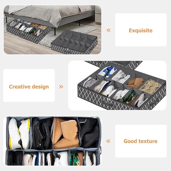 NUOBESTY Foldable Shoes Storage Box with Zipper and Window Large Capacity Non-woven Underbed Shoe Organizer Black Cross Pattern Reusable for Home Closet Storage