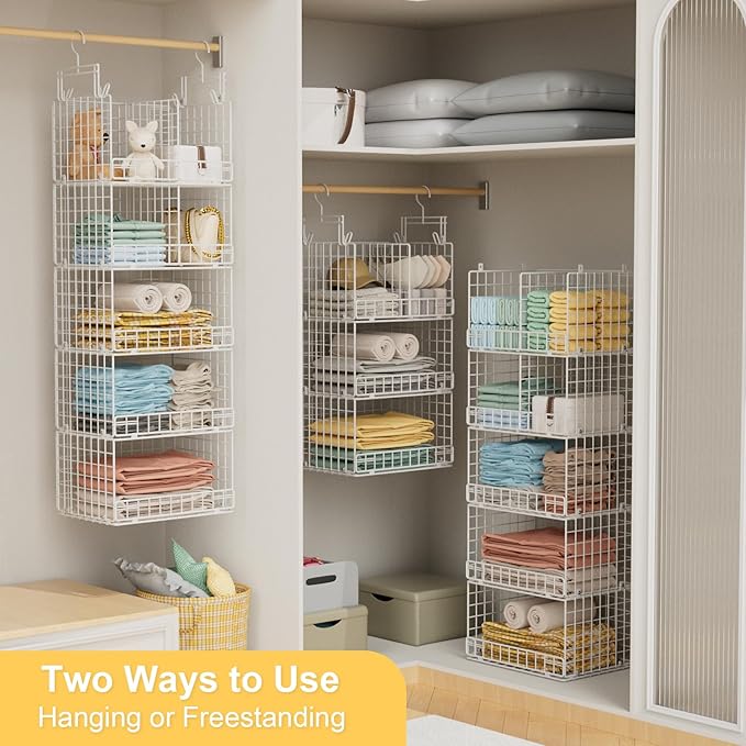 VyGrow 5 Tier Hanging Closet Organizer with Adjustable Dividers, Heavy-Duty Storage Shelves for Clothing, Kitchen, Laundry Room, Extra Large Baskets, 15.7" W x 11.8" D x 51" H, White