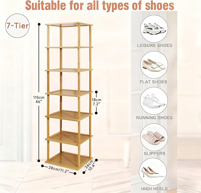 Aniston 7 Tier Bamboo Shoe Rack, Free Standing Slim Narrow Shoe Storage, Vertical Tall Shoe Shelf Organiser for Garage, Closet, Doorway, Corner, Living Room Small Spaces (7 Tier)