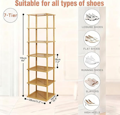 Aniston 7 Tier Bamboo Shoe Rack, Free Standing Slim Narrow Shoe Storage, Vertical Tall Shoe Shelf Organiser for Garage, Closet, Doorway, Corner, Living Room Small Spaces (7 Tier)