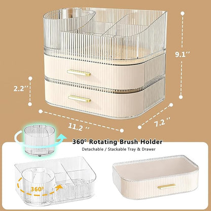 Makeup Organizer for Vanity with Stackable Drawers, 360 Rotating Makeup Brush Holder Large Cosmetic Display Case for Dresser, Bathroom Countertop Skincare Storage, Ideal Gift for Girls (3-layer)
