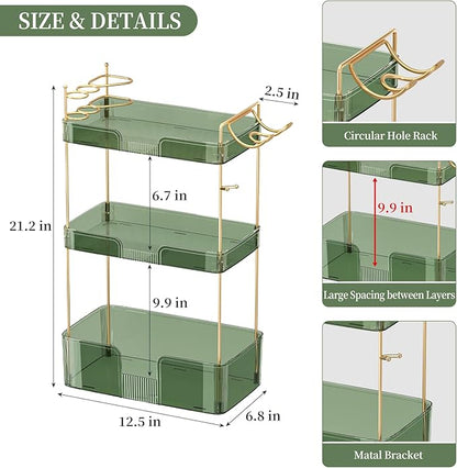 Bathroom Counter Organizer for Vanity, Makeup Organizer Countertop with Holder, Large Capacity Storage Rack, Perfect Large Skincare, Hair Care, Perfume, Easy to Install (Green, 3Tiers)