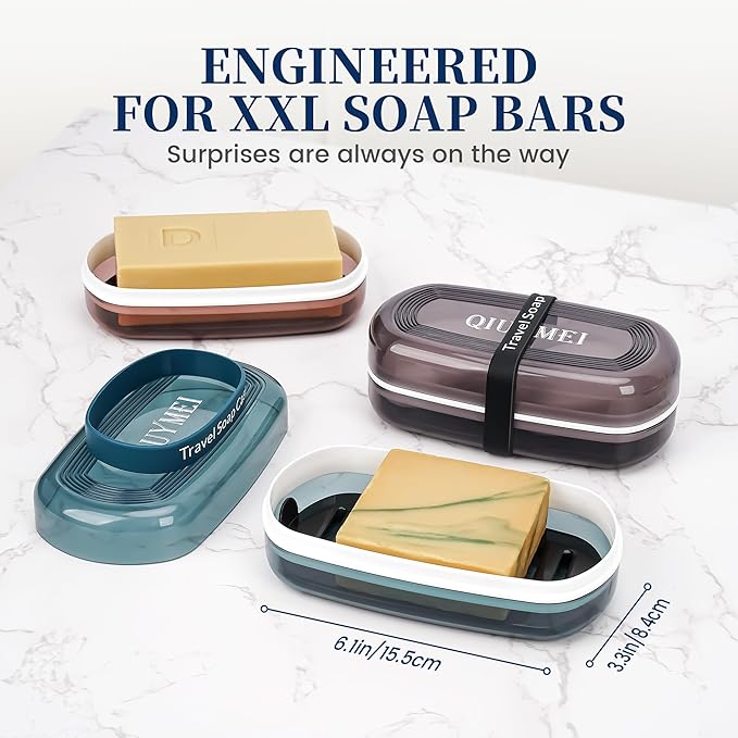 Shampoo Bar Holder and Soap Case | Leakproof Travel Container with Lid & Drain Tray | Includes Silicone Strap and Mesh Soap Bag | for Bathroom, Shower, Camping, Gym Travel (Blue, Large)