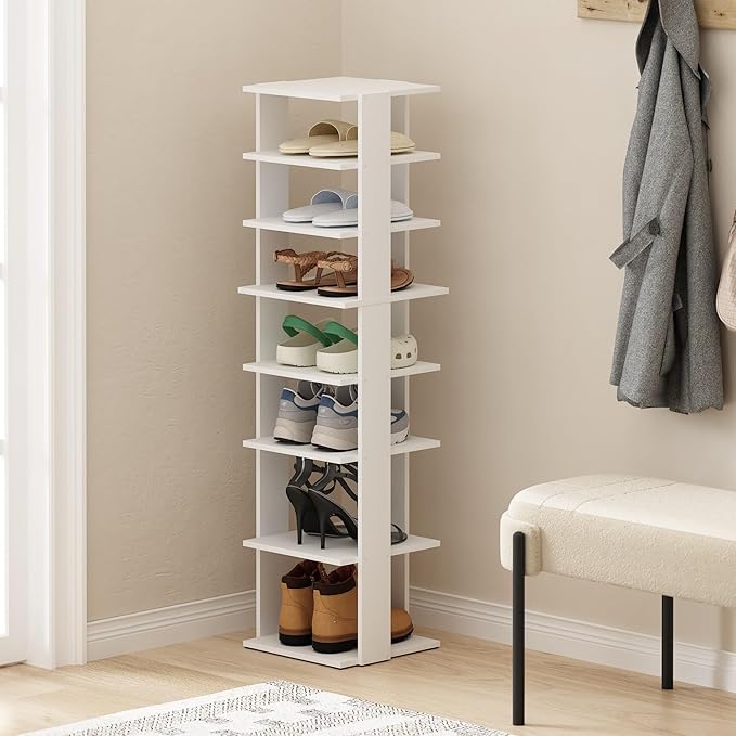 Furinno Compact Vertical Shoe Rack, 8-Tier Narrow Shoe Organizer, Free Standing Shoe Storage, Shoe Shelf for Boots, Sneakers, 12 x 12.6 x 46.7, for Closet, Entryway, Office, Garage, White