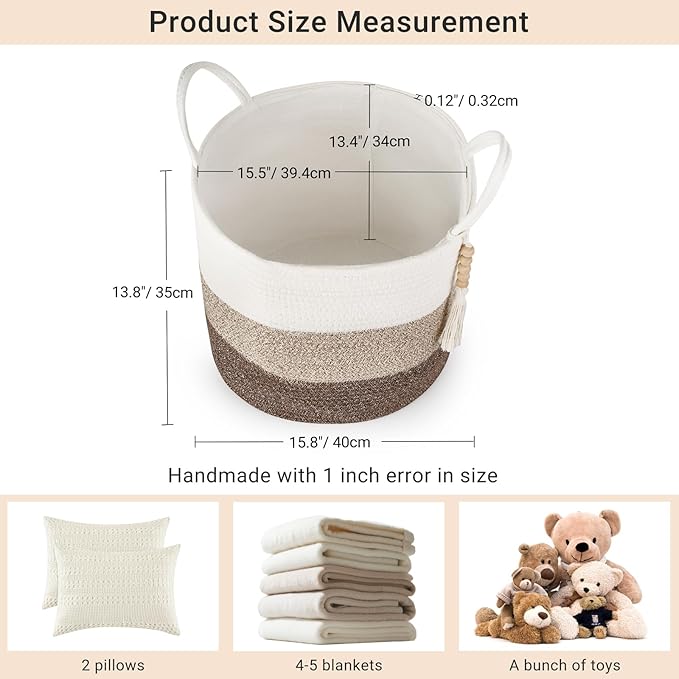 Mkono Woven Storage Basket Decorative Natural Rope Basket Wooden Bead Decoration for Blankets,Toys,Clothes,Shoes,Plant Organizer Bin with Handles Living Room Home Decor, 16" W × 13.8" L