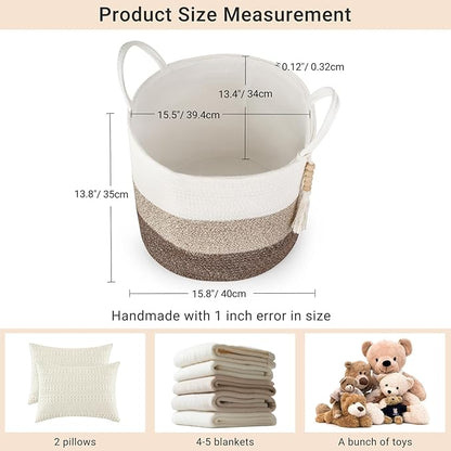 Mkono Woven Storage Basket Decorative Natural Rope Basket Wooden Bead Decoration for Blankets,Toys,Clothes,Shoes,Plant Organizer Bin with Handles Living Room Home Decor, 16" W × 13.8" L