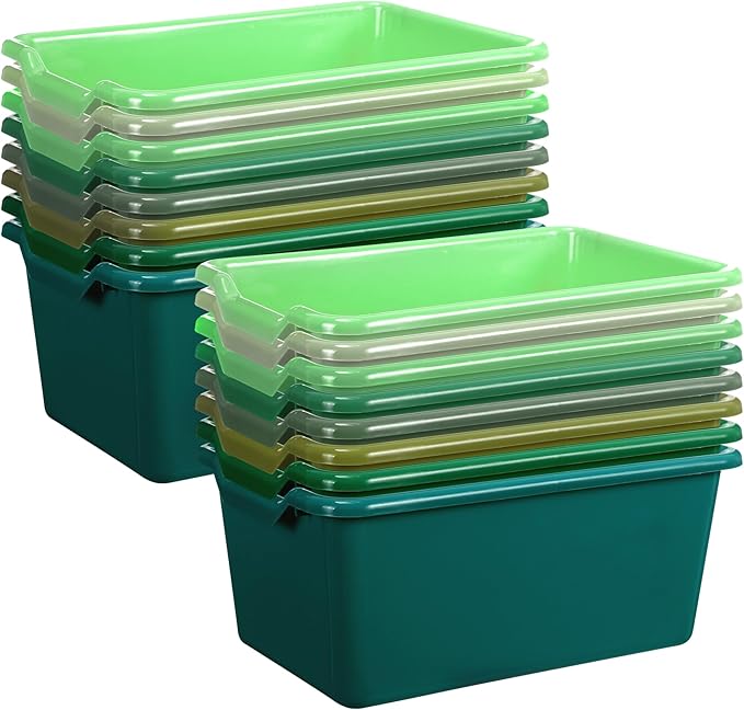 Dandat 16 Pcs Plastic Book Bins for Classroom Library Cubby Bins Scoop Front Stackable Toy Storage Tubs Containers for School Office Home Nursery Playroom Organization (Green Series)