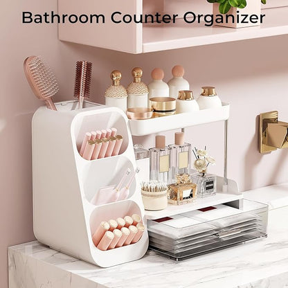 Makeup Organizer for Vanity with Brush Holder, 2 Tiers Countertop Skincare, Cologne Organizer and Perfume Stand for Bathroom Vanity, Large Capacity Makeup Storage, White