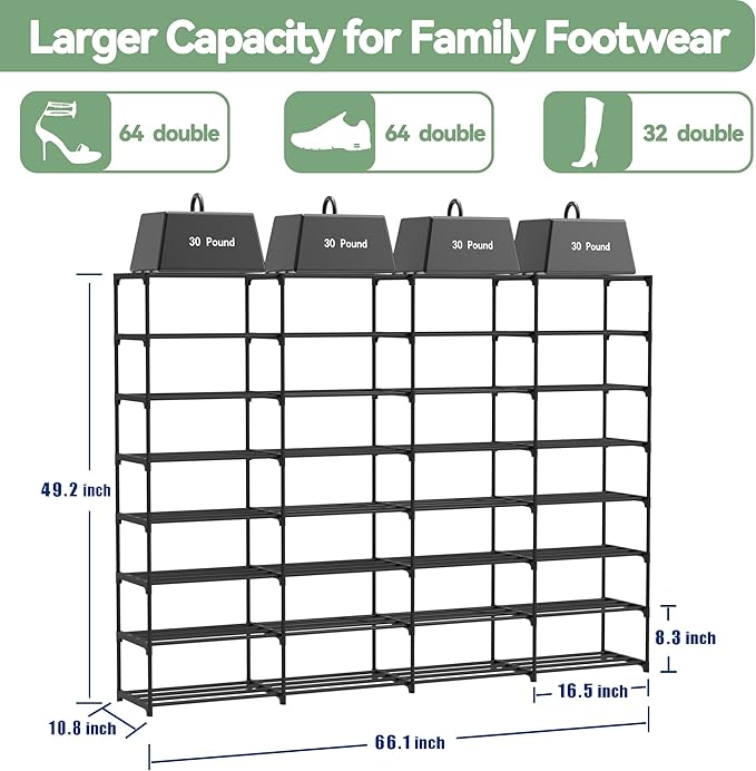 Large Shoe Rack Organizer, 4-Row 8-Tier Tall Shoe Storage Shelf for Closet, Entryway, Garage, Metal Free Standing Shoe Holder for 56-64 Pairs Shoes, Sturdy Stackable Shoe Stand for Bedroom