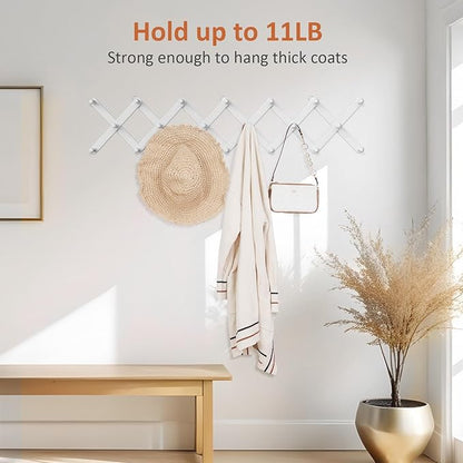 Accordion Wall Hanger, Hat Rack for Wall with 20 Coat Hooks, Expandable Hat Hangers Organizer, Vintage Decorative Coat Rack Wall Mount for Purse, Mug(White)