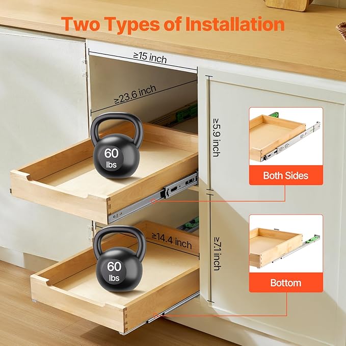 VEVOR Pull Out Cabinet Organizer, 14"W x 21"D Cabinet Drawer, Soft Close Slide out Shelf, Heavy-Duty Sliding Wood Drawer, Bottom Mount Size（14.5"W x 23"D）and Side Mount Size（15"W x 23"D）