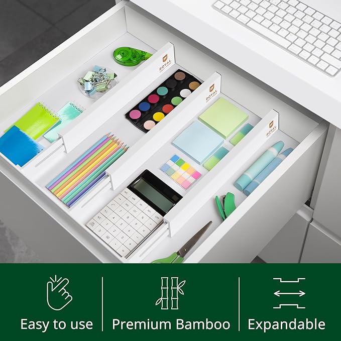 Bamboo Drawer Dividers Organizers, Adjustable Drawer Separator Splitters, 17–22 Inches Expandable Drawer Divider Organizer for Large Utensils, Kitchen, Bedroom, Dresser & Office Drawers 4-Pack, White