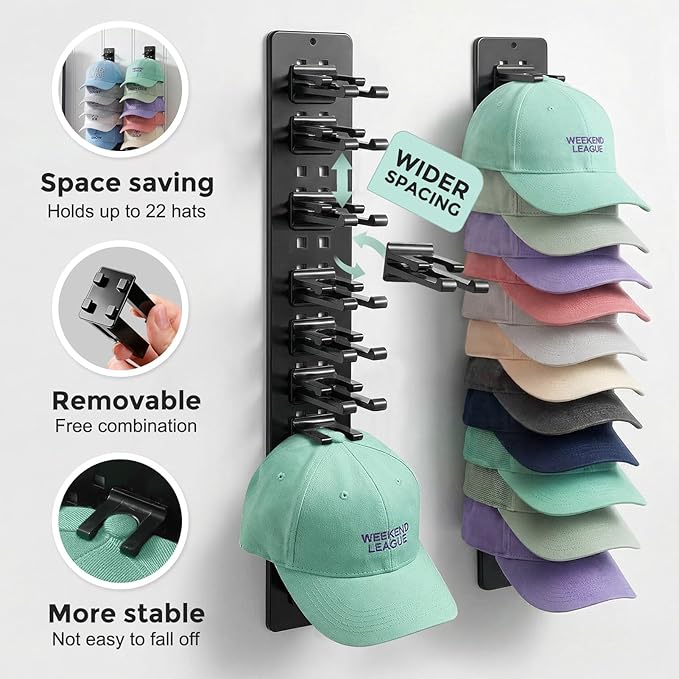 2 Pack Hat Organizer for Baseball Caps,Detachable DIY Hat Rack for Wall Hold Up to 22 Hats,Baseball Cap Organizer Cap Holder Hat Hangers for Wall Closet Door Bedroom (1A-Black)