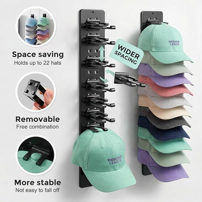 2 Pack Hat Organizer for Baseball Caps,Detachable DIY Hat Rack for Wall Hold Up to 22 Hats,Baseball Cap Organizer Cap Holder Hat Hangers for Wall Closet Door Bedroom (1A-Black)