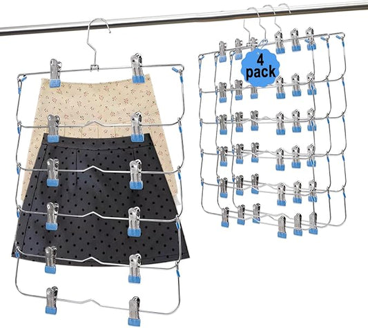Skirt Pants Hangers with Clips,6Tier Skirt Hangers Space Saving,Metal Multi Pants Hangers and Storage Multi Clothes Shorts Hanger Organization,Space Saving Hangers with Clips (Blue, 4-Piece Set)
