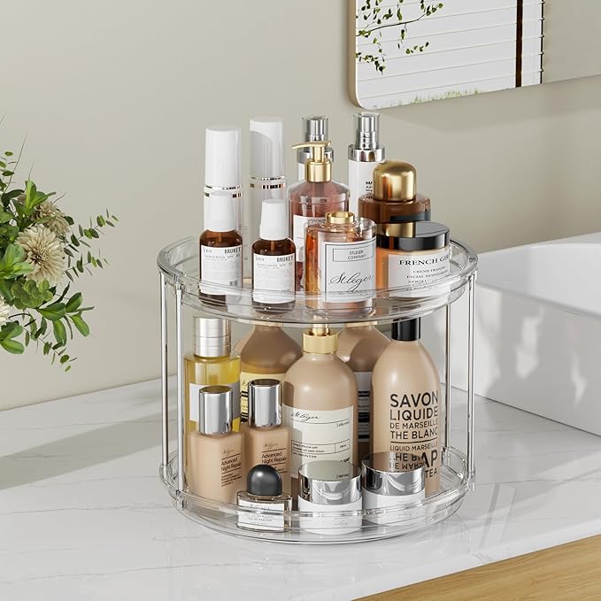 2 Pack 2 Tier Lazy Susan Organizer,10.6 inches Lazy Susan Turntable for Cabinet,Stackable Turntable Organizer Rotating Spice Rack Organization for Kitchen Countertop,Pantry,Bathroom,Clear