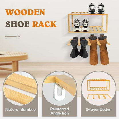 Boot Hangers Hanging Shoe Rack Wall Mounted Floating Tall Boot Holder, Bamboo Wader Organizer 3-Tier Display Shoe Rack, Holds 6 Pairs, for Entryway, Hallway, Bedroom, Garage